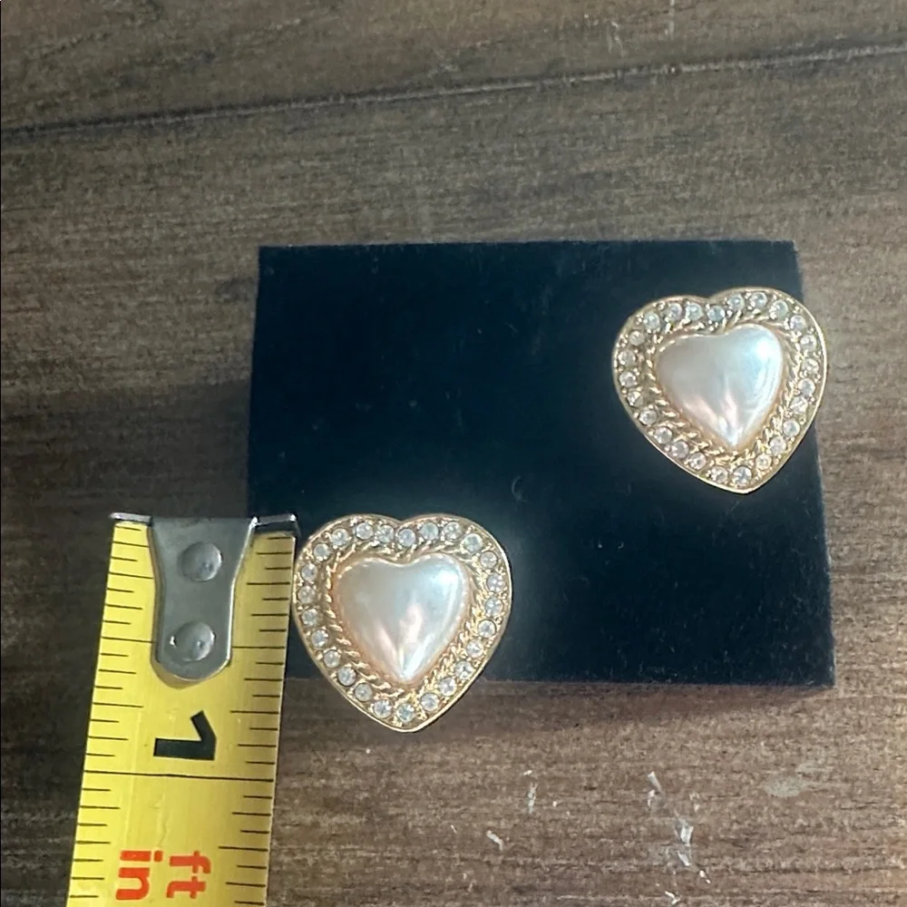 Vintage Gold Tone Faux Pearl Heart Shaped Pierced Earrings
